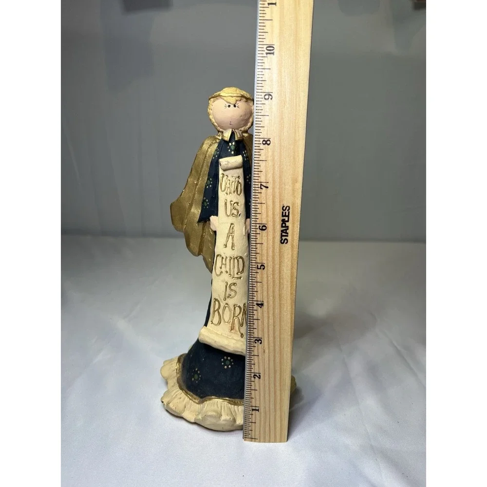 Folk Art Angel Figurine Navy Blue Gold Scroll Unto Us A Child Is Born‎ Primitive